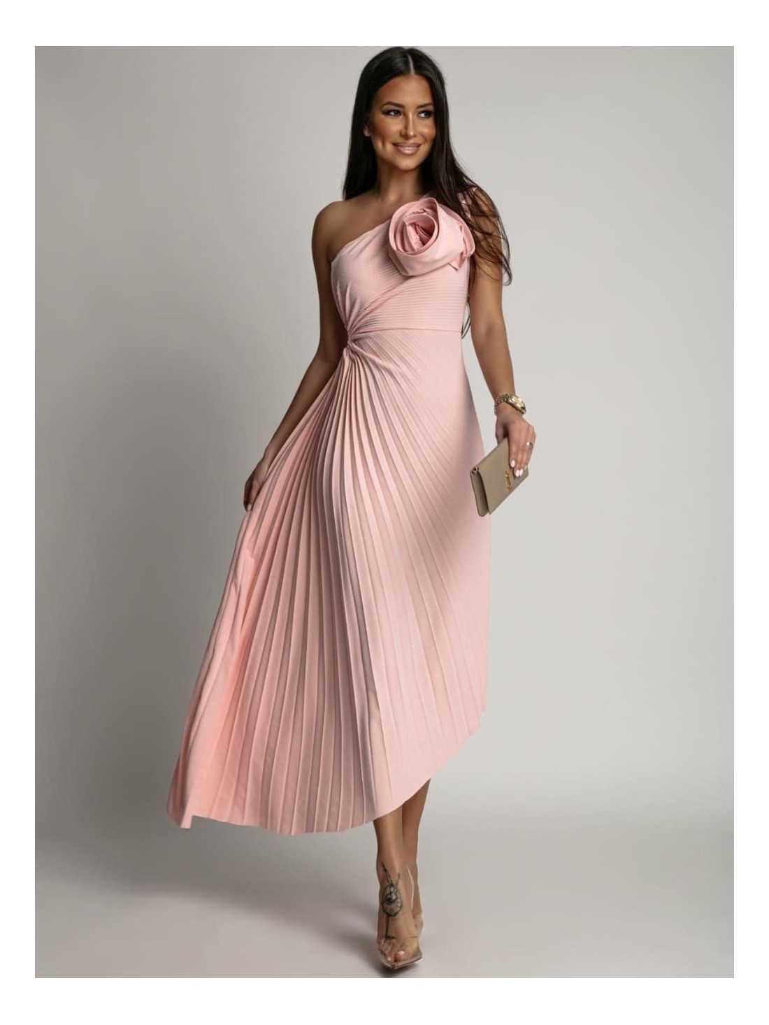 Elegant pleated dress with a flower, powder pink AZRHP6987